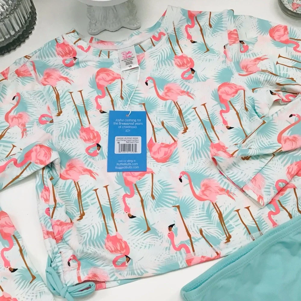Ruffle Butts Aqua Flamingos Rashguard Swim Set Sz 16